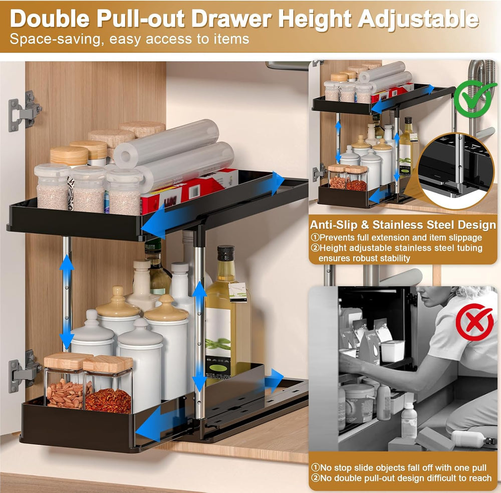 NIUXX Expandable Under Sink Organizer: 2 Tier Height Adjustable