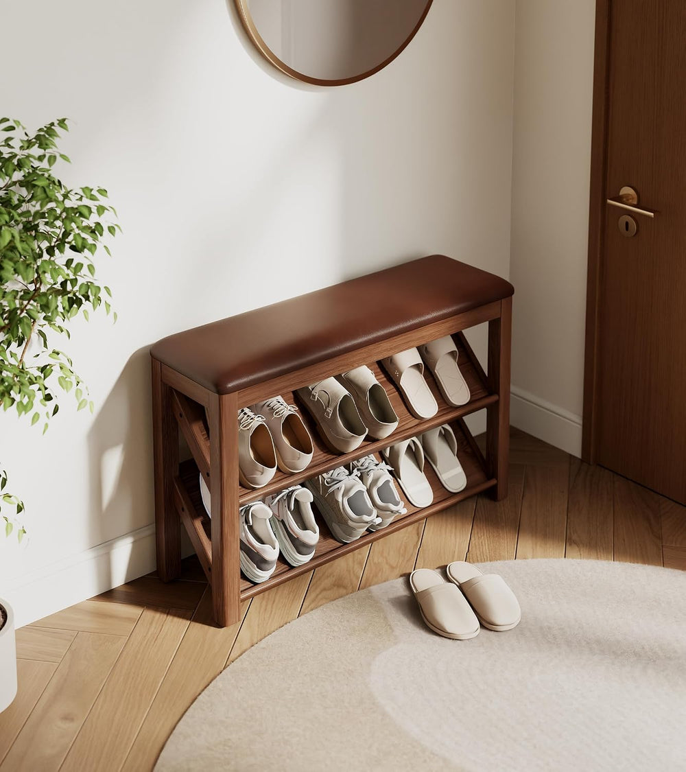 AQIMUELE Rubberwood Shoe Bench with Leather Cushion and Slanted Shelves | Sol...