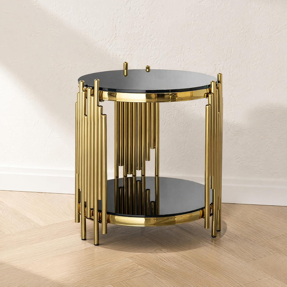 Modern Round End Table Gold Side Table with Glass Top Living Room