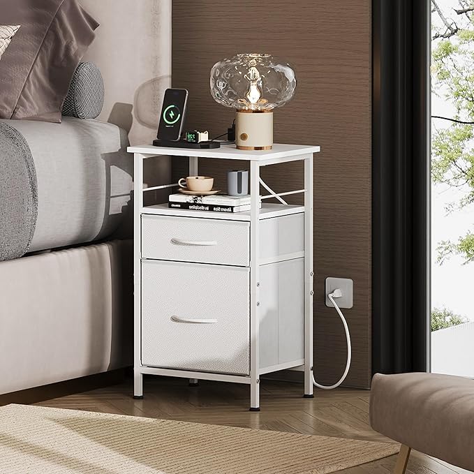 WLIVE Night Stand Set 2, White Nightstand with Charging Station, Nightstands ...