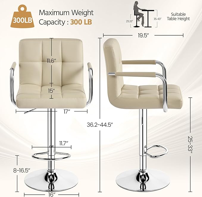 Yaheetech Bar Stools Set of 2, PU Leather Adjustable Swivel Barstools, Hydrau...