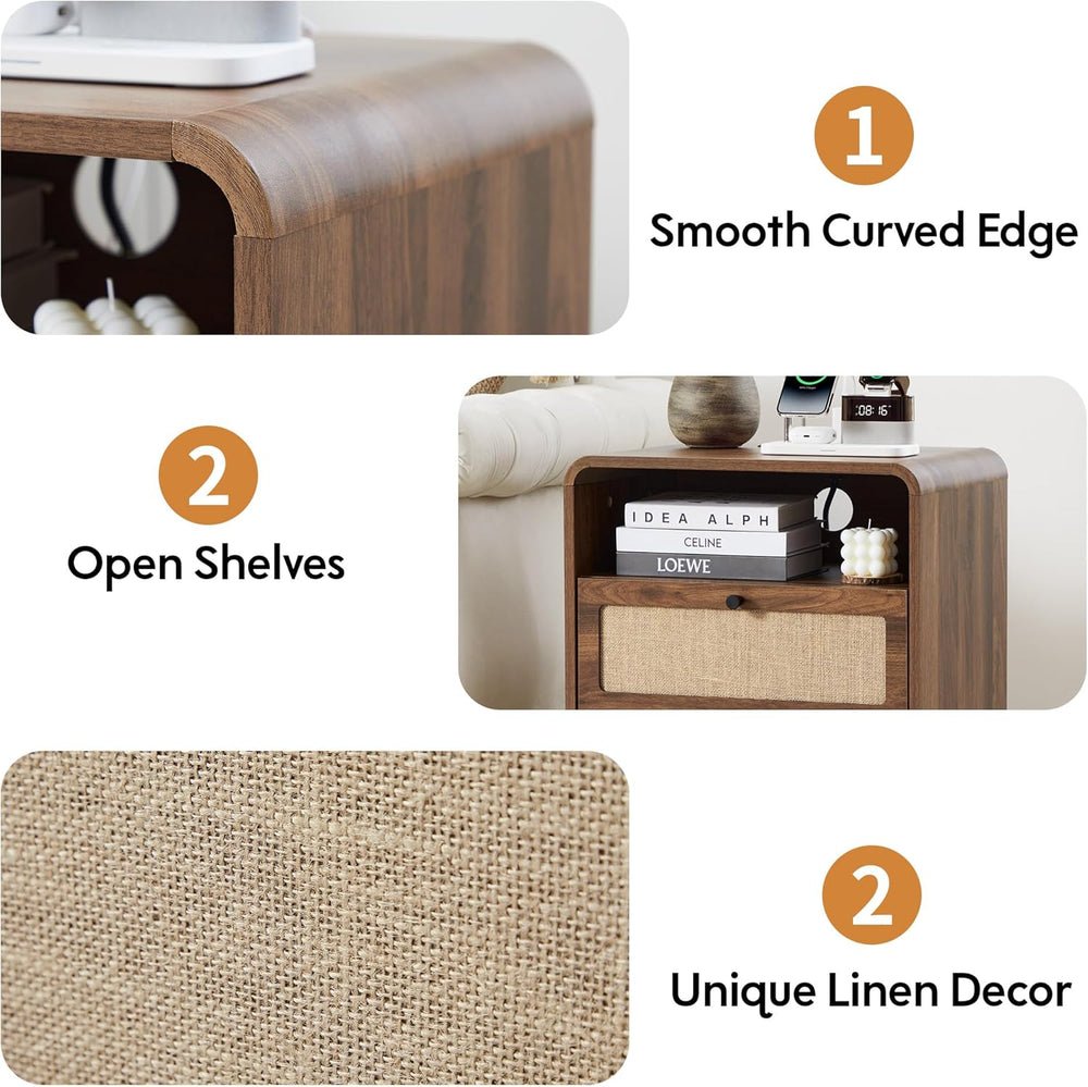 Farmhouse Nightstand with Charging Station, Night Stand with 2 Drawers, Mid-C...