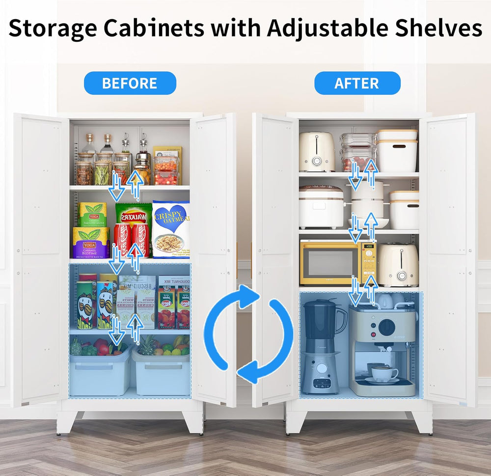 61" Tall Pantry Cabinet, White Metal Pantry Storage Cabinet | Metal Farm...