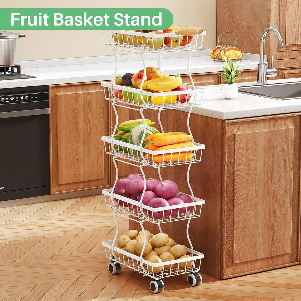 SAYZH 5-Tier Fruit Basket Stand with Vegetable Baskets for Kitchen, White | S...