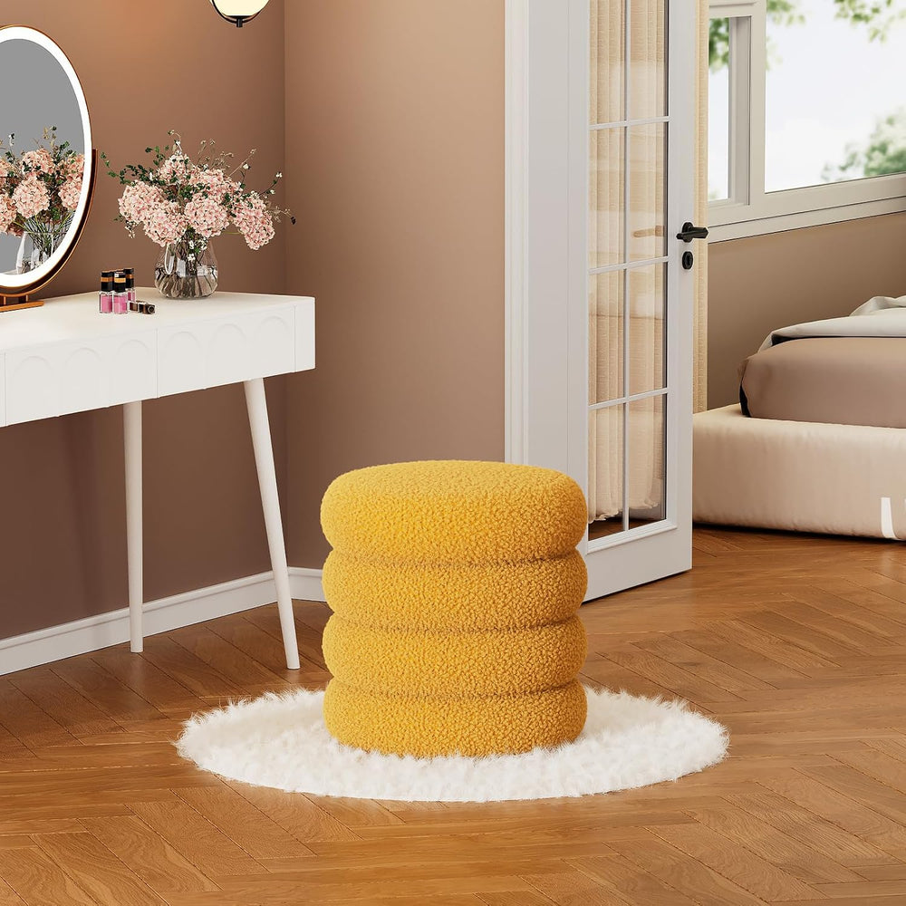 Soft Teddy Round Ottoman with Tray, 17.5 Inches Ottoman Coffee Table with Sto...