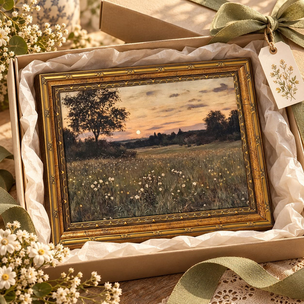 Vintage Gold Framed Rustic Firefly Field Landscape Wall Art 16x24Inch