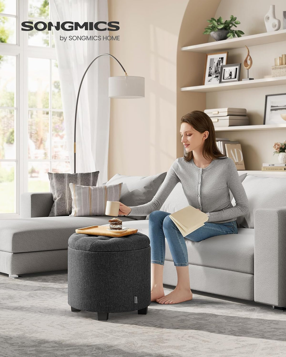 SONGMICS Round Ottoman with Storage, Vanity Stool, Linen-Look Fabric | Uphols...