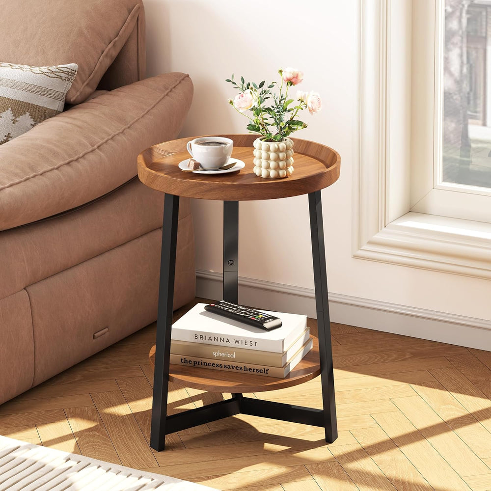 2-Tier Round End Table with Charging Station and Industrial Sofa Side Table,R...