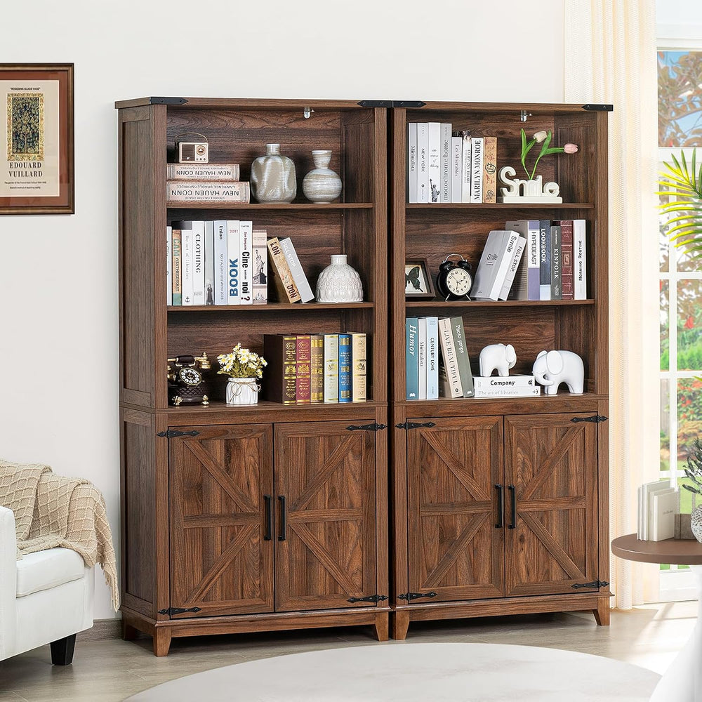 Joaxswe 70in Tall Bookshelf 5 Tier Bookcase with Barn Doors and Adjustable Sh...