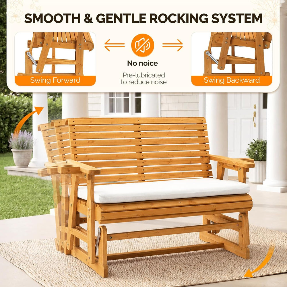 VINGLI Wooden Patio Glider with Cushion, Heavy Duty 800 LBS Outdoor Glider wi...