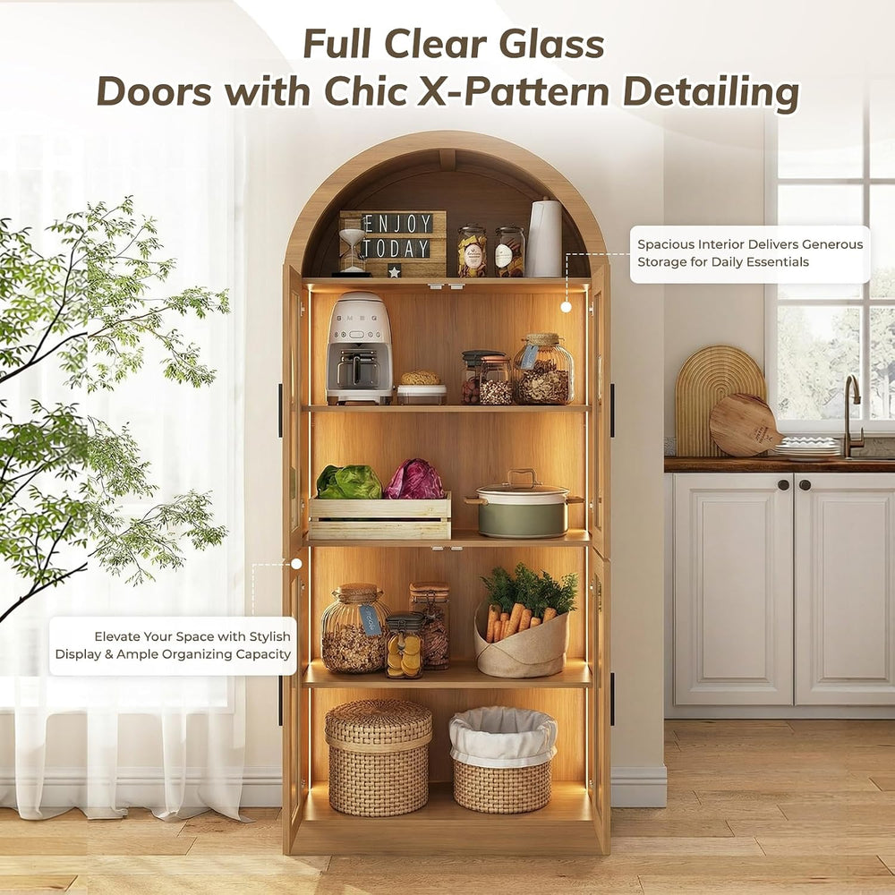 71” Tall Arched Kitchen Pantry with X-Pattern Glass Doors & RGB Lighting,...