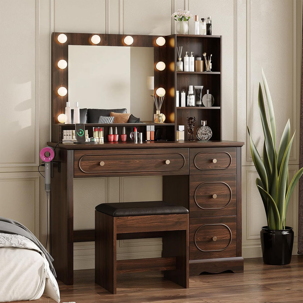 42" Walnut Brown Makeup Vanity Desk with Mirror & Lights & Charg...