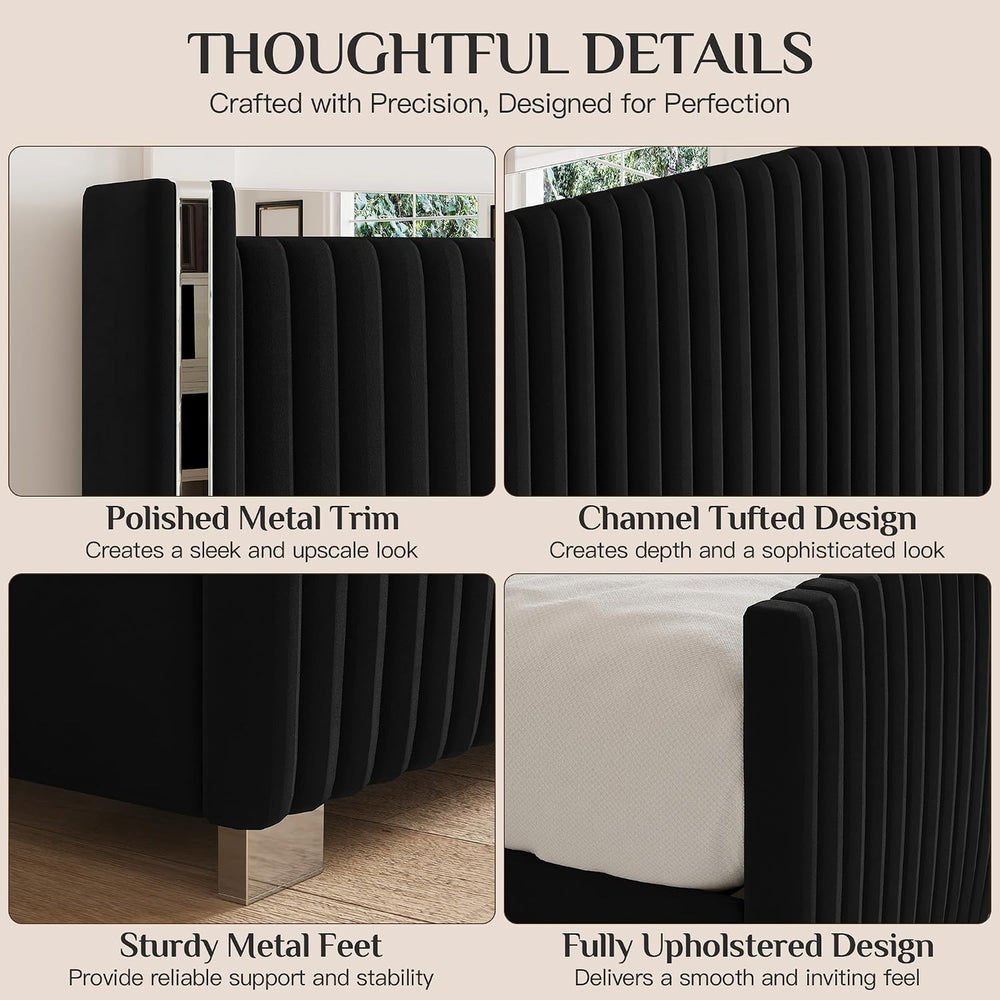 Belffin Queen Size Bed Frame with 59'' Tall Headboard, Velvet Bed, Black