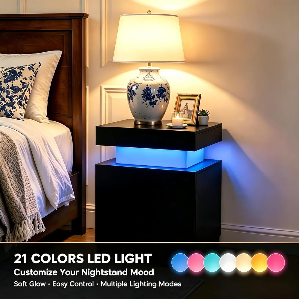 Nightstand Set of 2, Night Stands with LED Lights, Bedside Table End Side Tab...