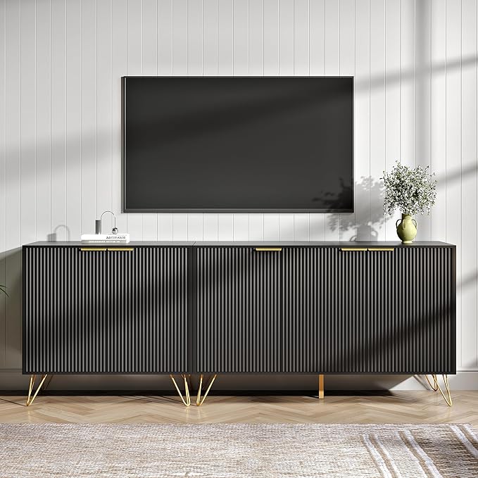 Fluted TV Stand for 80 Inch TV, Modern TV Stand Console, Black Entertainment ...