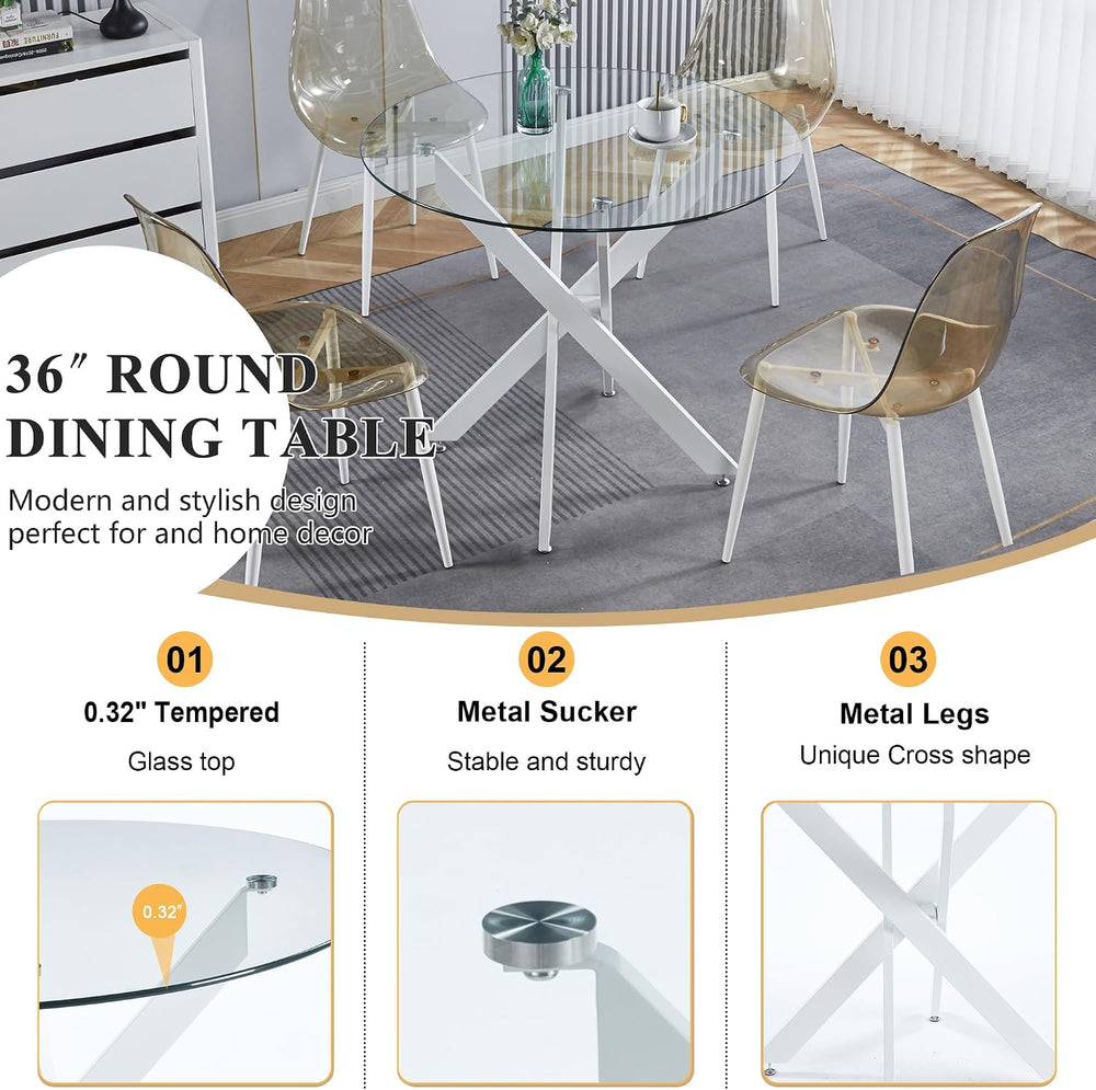 Modern Round Dining Table for 4, 36" Circle Glass Kitchen Dining Room Ta...