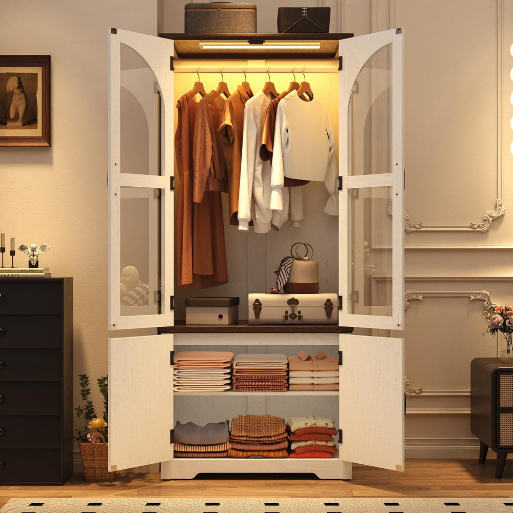 Tall Farmhouse 2 Doors Armoire Wardrobe Closet with LED ,72" Freestandin...
