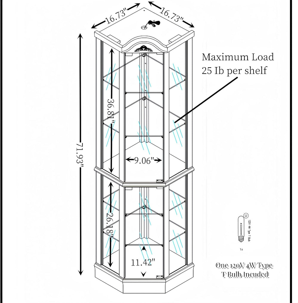 70" Lighted Corner Curio Cabinet,Inside Mirror Corner Glass Display Case...