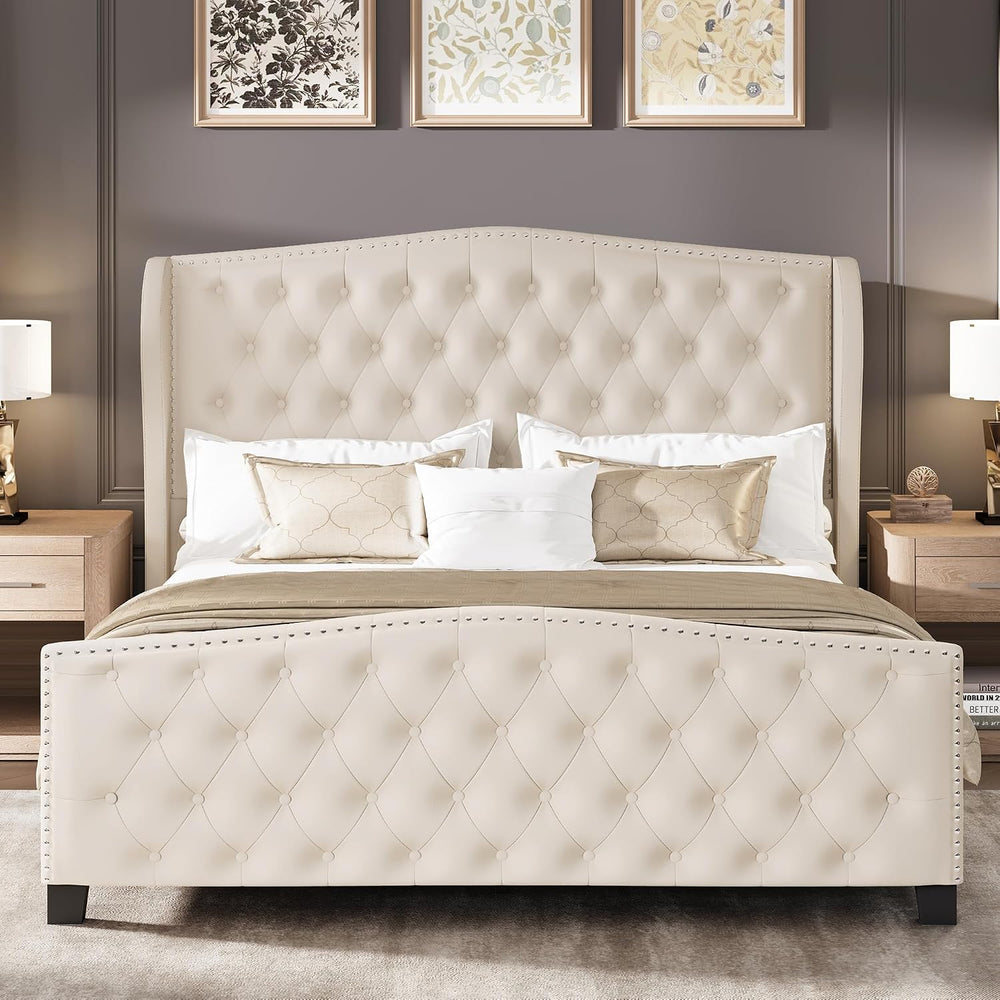 LARMACE Queen Size Bed Frame Velvet Upholstered Platform Bed with Wingback He...