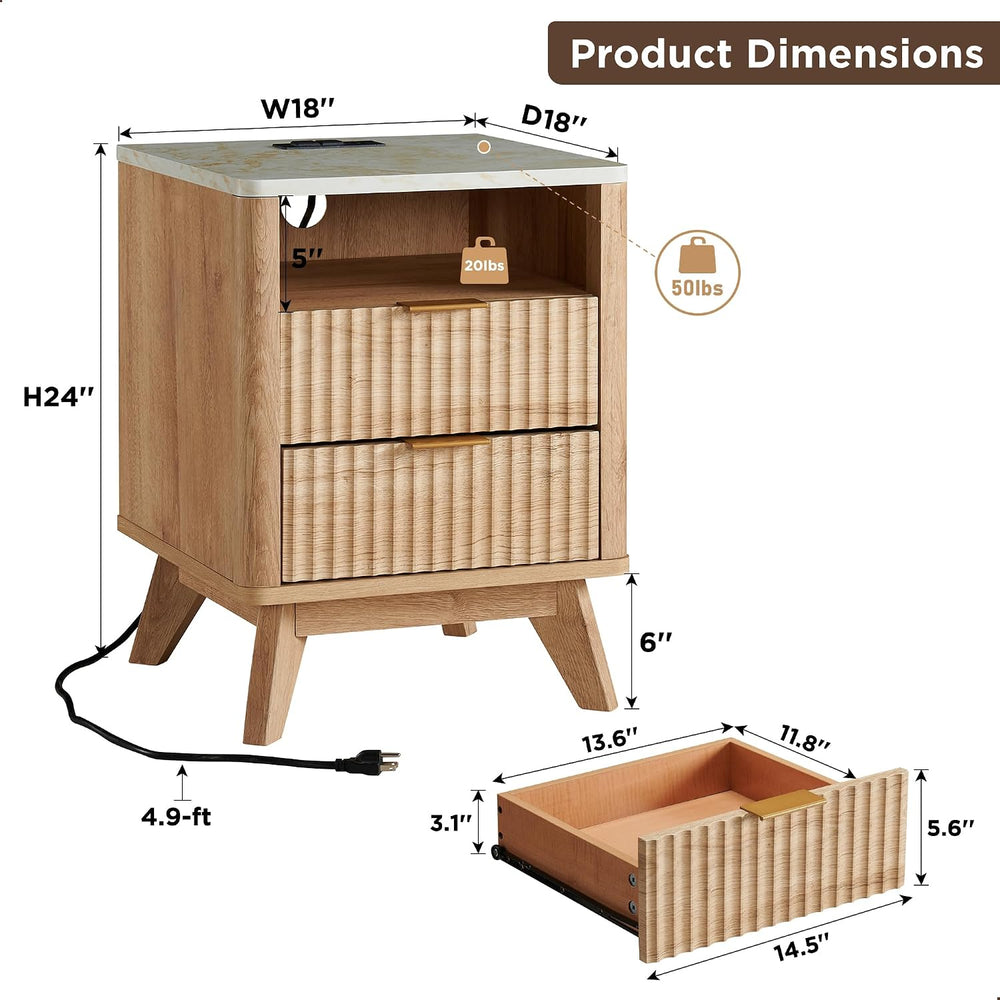 T4TREAM 18" Fluted Nightstand with 2 Drawers Set of 2, Natural Oak