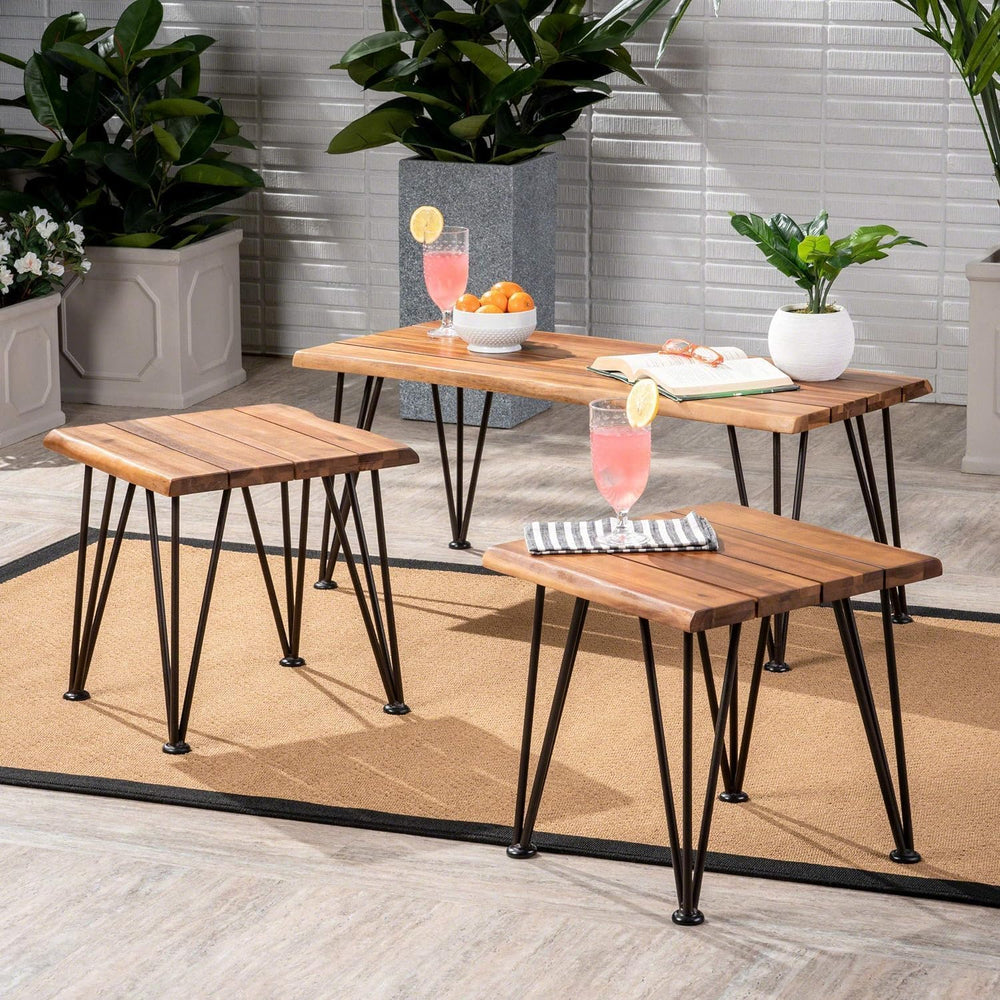 Industrial Acacia Wood Coffee Table Set, 3 Piece Living Room Table with Accen...