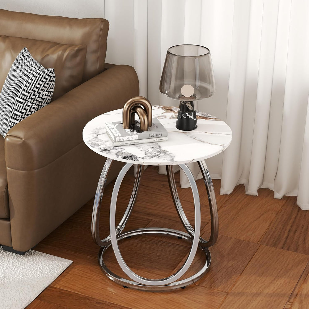 O&K FURNITURE Silver Side Table Living Room, Round End Table with Metal F...