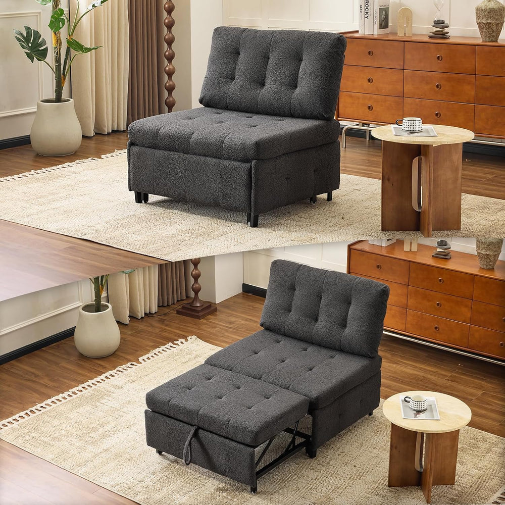 VINGLI Convertible Sofa Bed Tufted Teddy Fleece Sleeper Chair Bed Couch Armle...