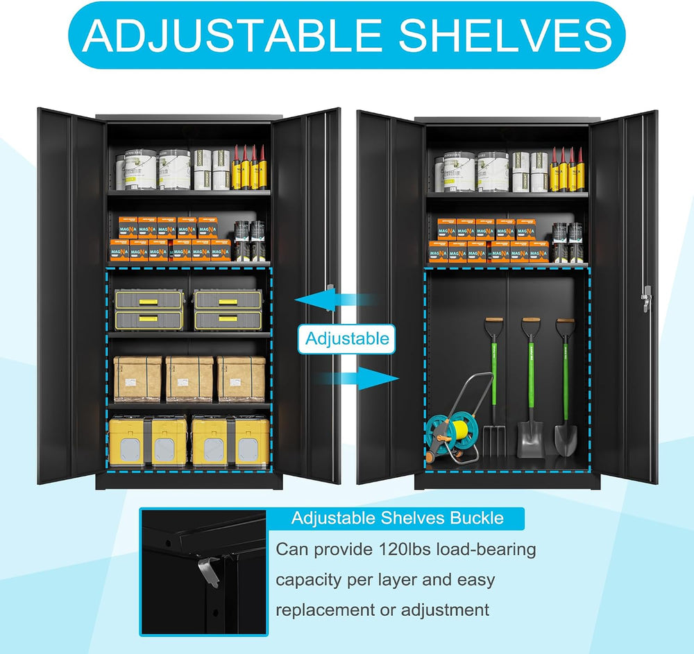 Black Iron Metal Lockable Storage Cabinet - Durable Home Office Garage Organi...