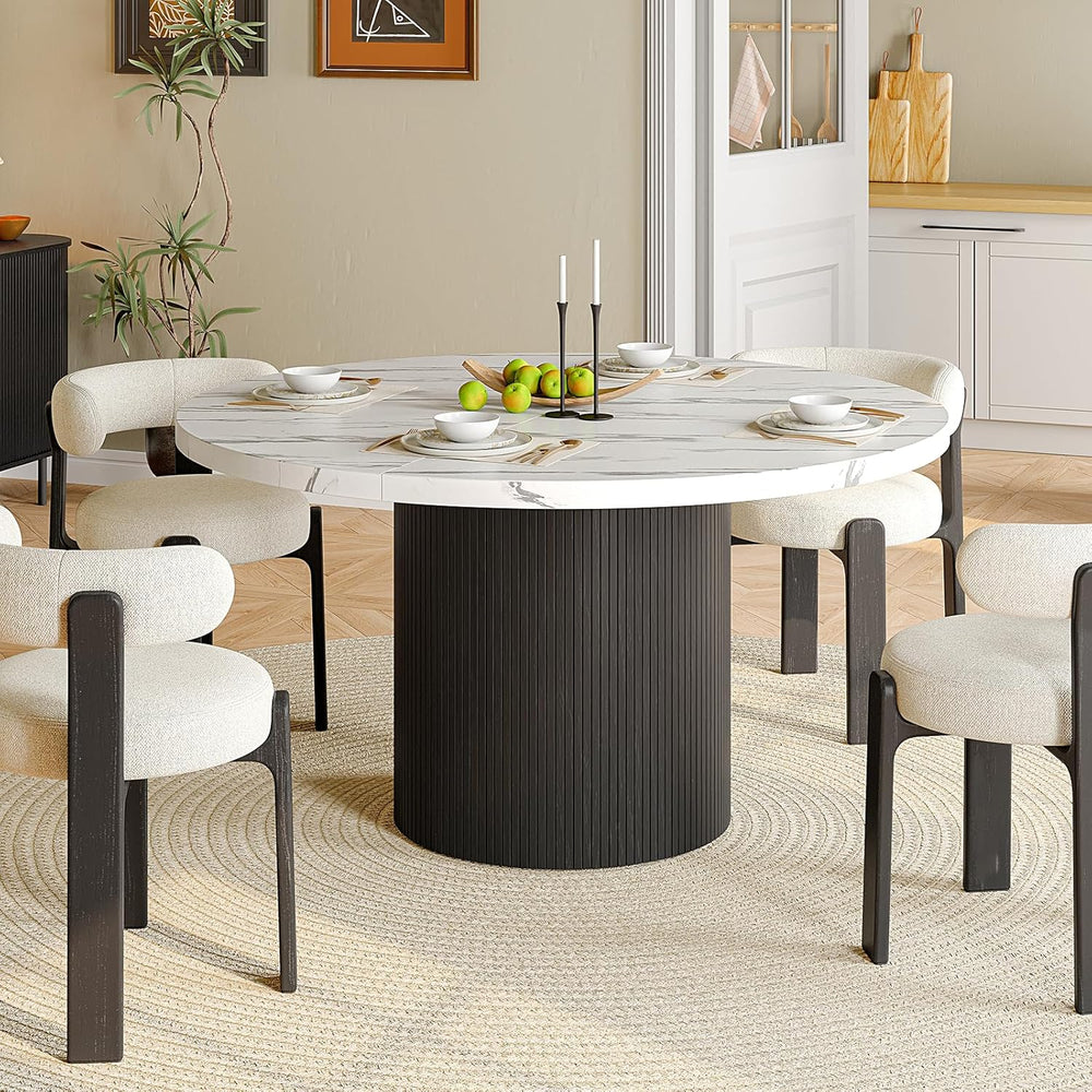 47 Inch Round Dining Table for 4, Circle Kitchen Table with Wood Strip Base, ...
