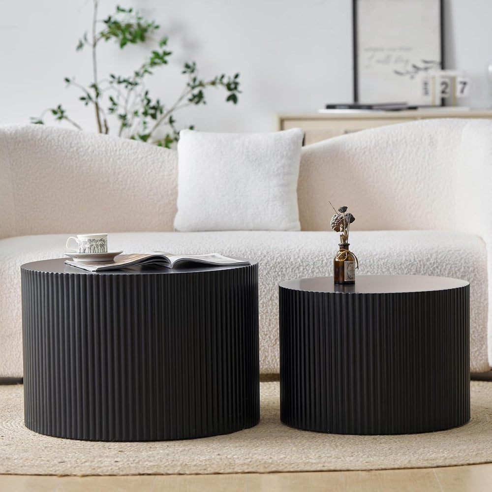 Nesting Coffee Table Set of 2, Modern Drum Side End Wave Stripe Round Coffee ...