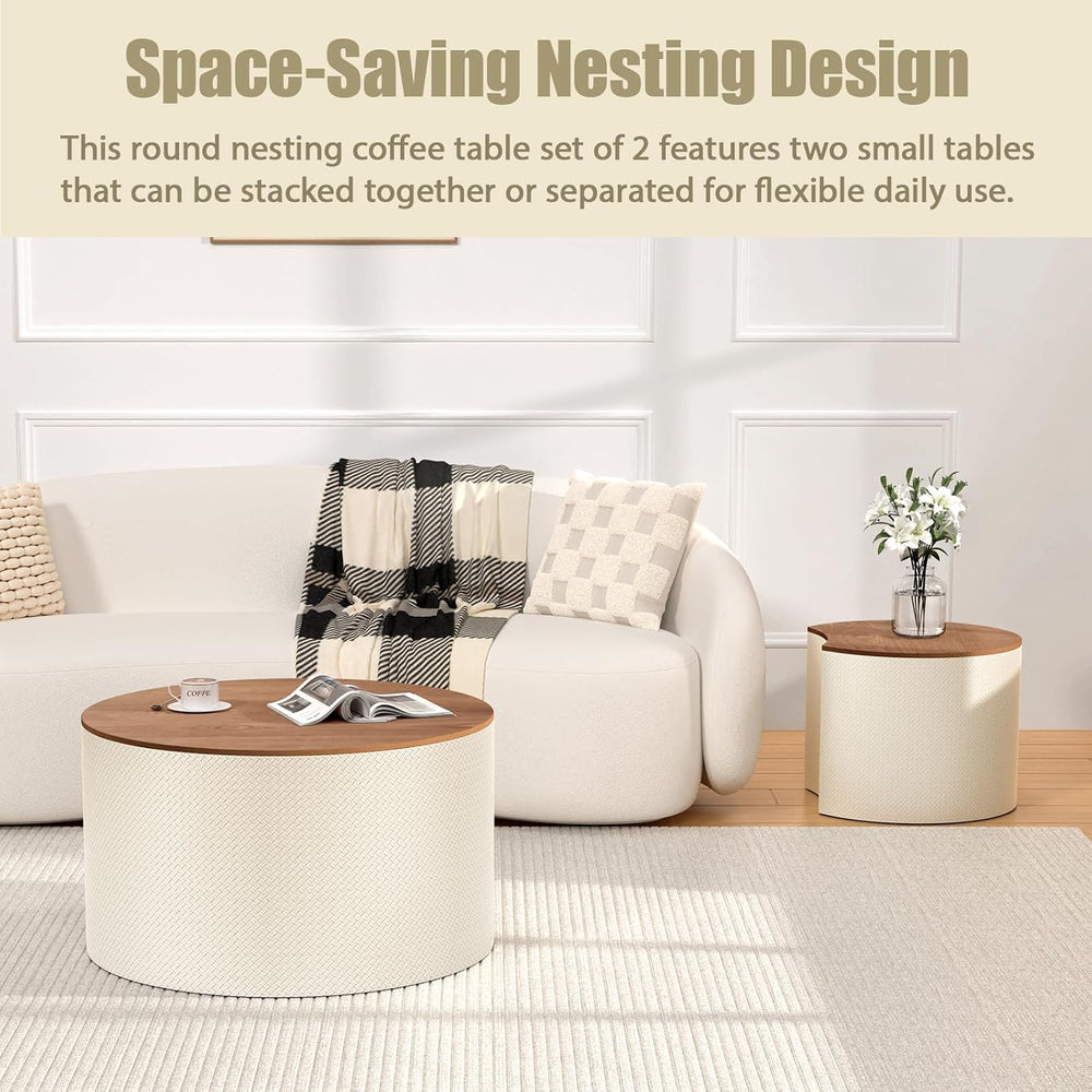 Round Nesting Coffee Table Set of 2 with Hidden Storage | Faux Leather Diamon...