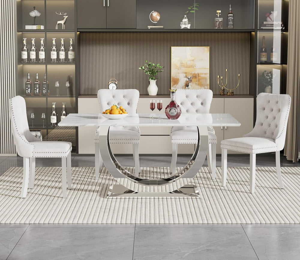 SSLine Modern White Marble Dining Table Set for 4,Luxury 69" Faux Marble...