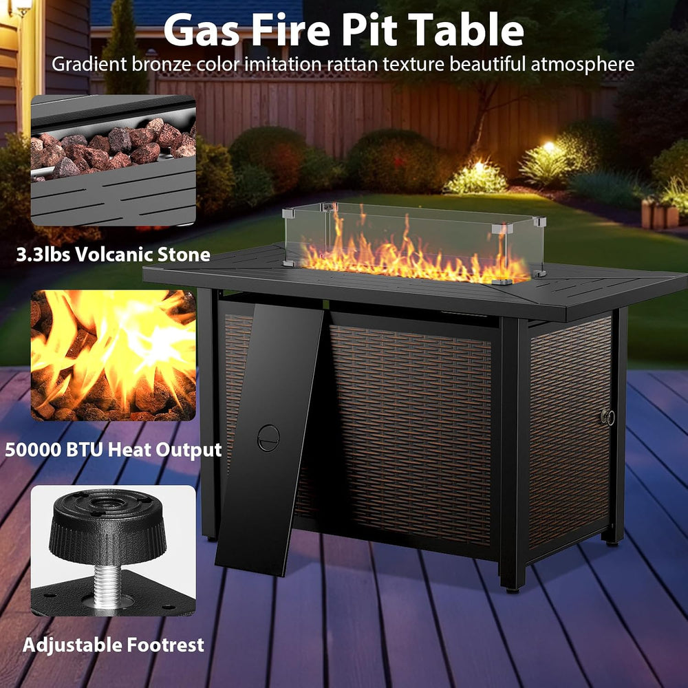 7 Piece Patio Furniture Set with Fire Pit Table - Wicker Patio Conversation S...