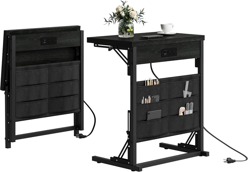 Folding C Table with Charging Station, C Shaped End Table, Sofa Tv Tray Table...