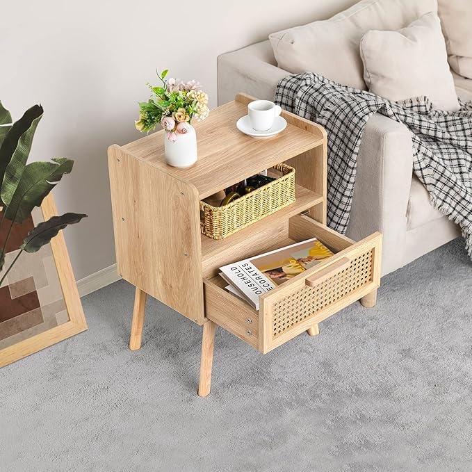 Lerliuo Rattan Nightstand, Boho Side Table with Drawer Open Shelf, Cane Accen...