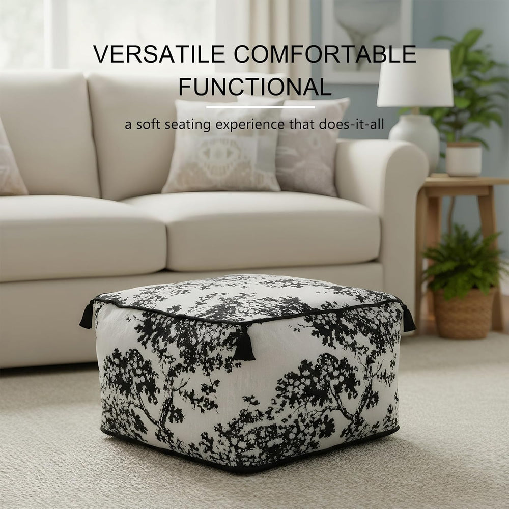 Chenille Square Pouf Ottoman - Foot Stool for Living Room & Bedroom | Sof...