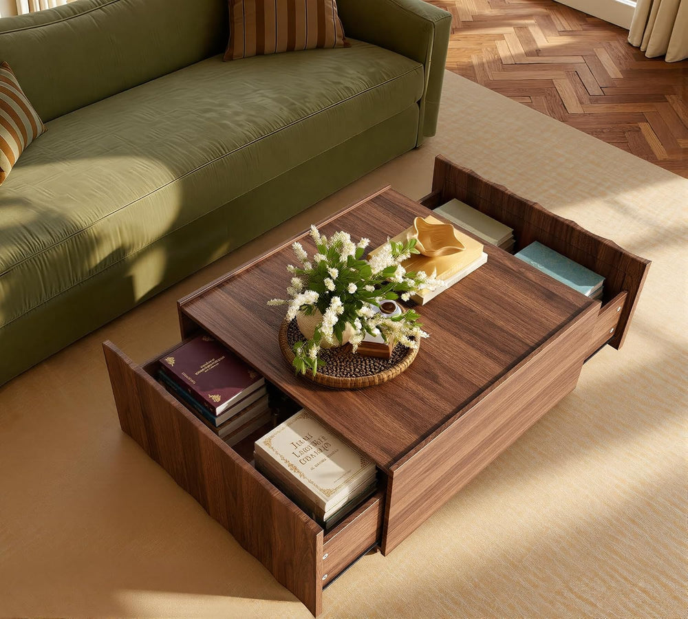 win2win Square Coffee Table with Storage, Wave Design, Walnut