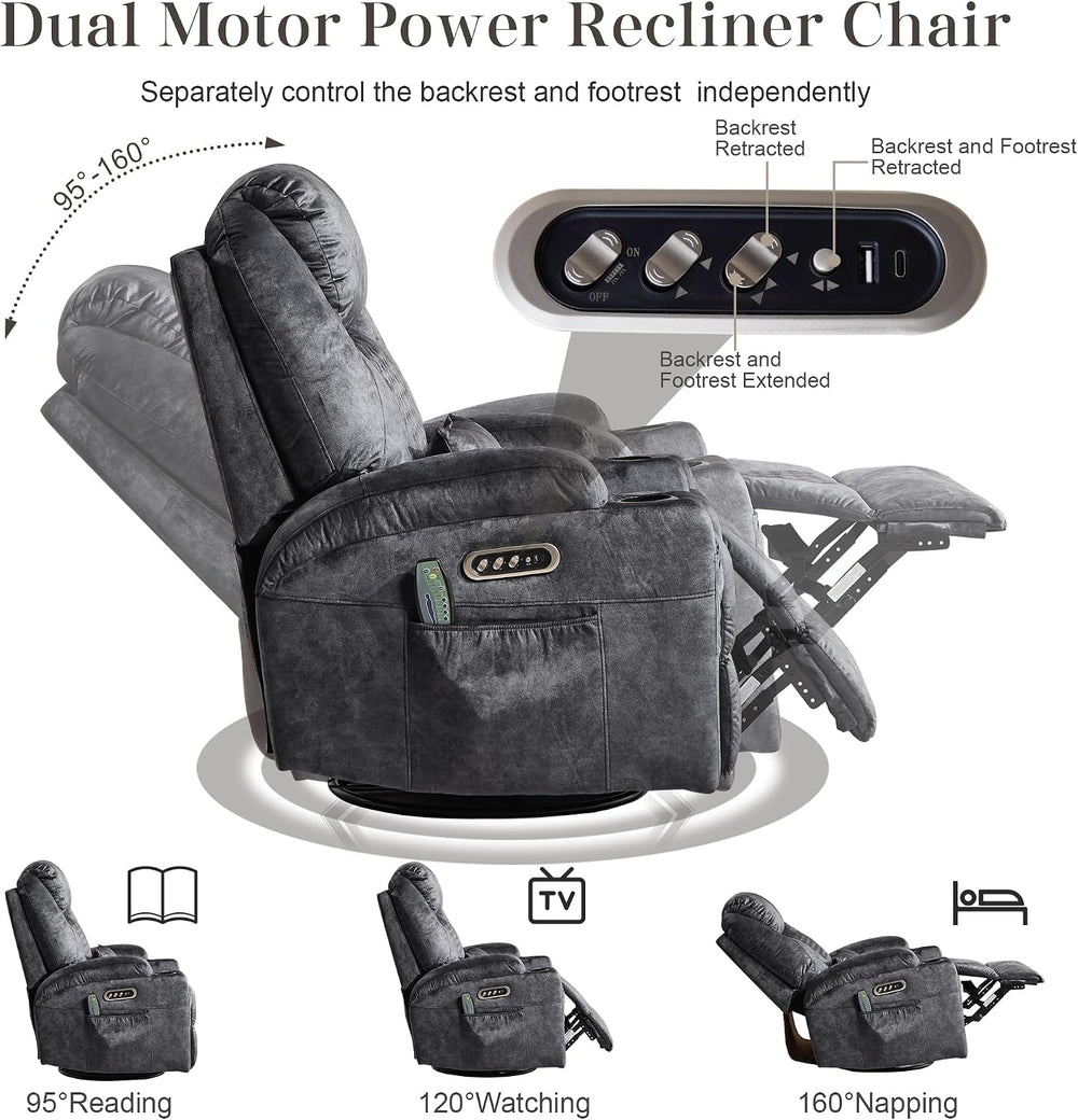 AHMED Dual Motor Power Swivel Rocker Recliner Chair, Velvet Grey | Electric G...