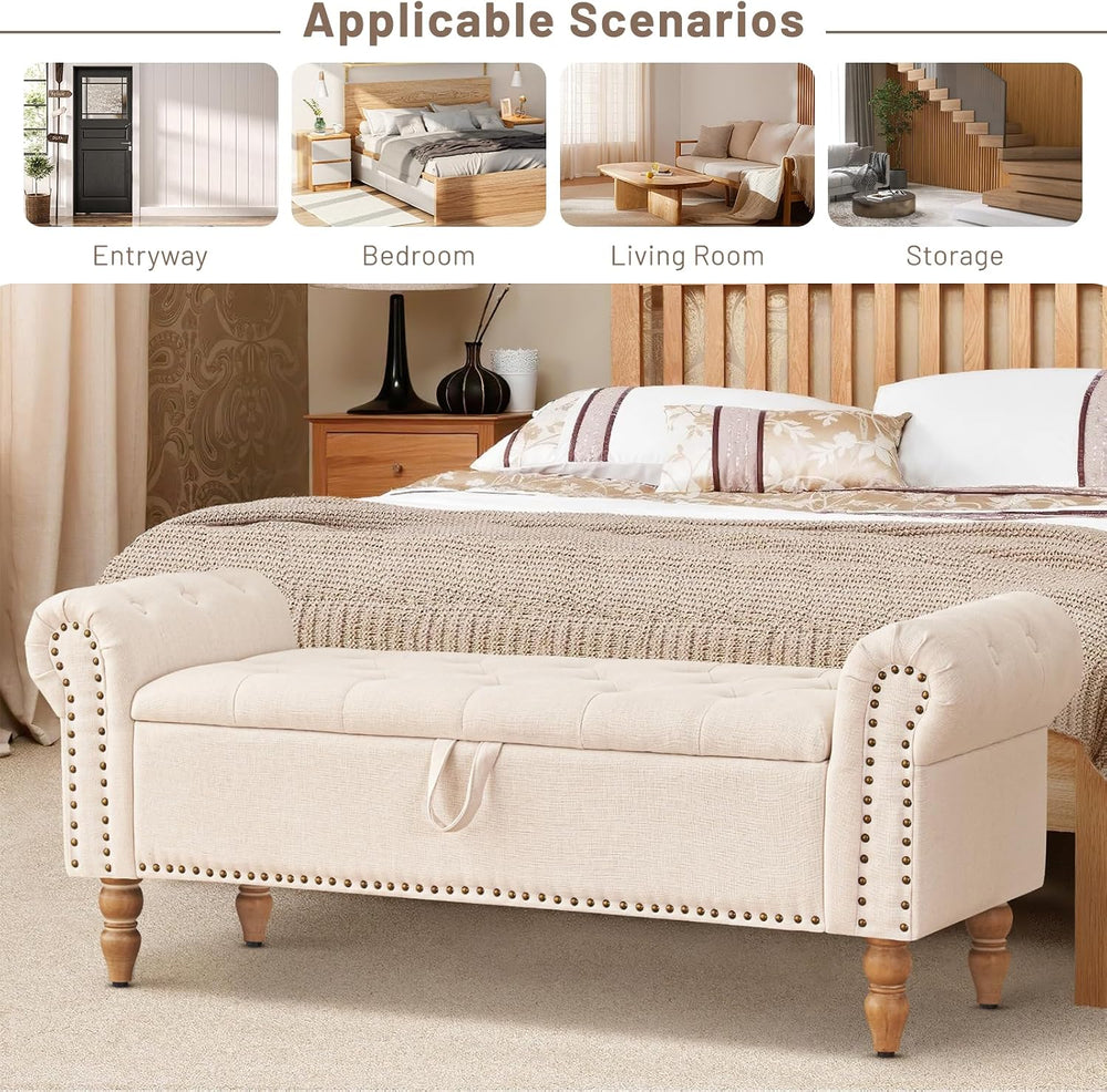 Furniliving 51” Storage Benches, End of Bed Bench with Button-Tufted Large Up...