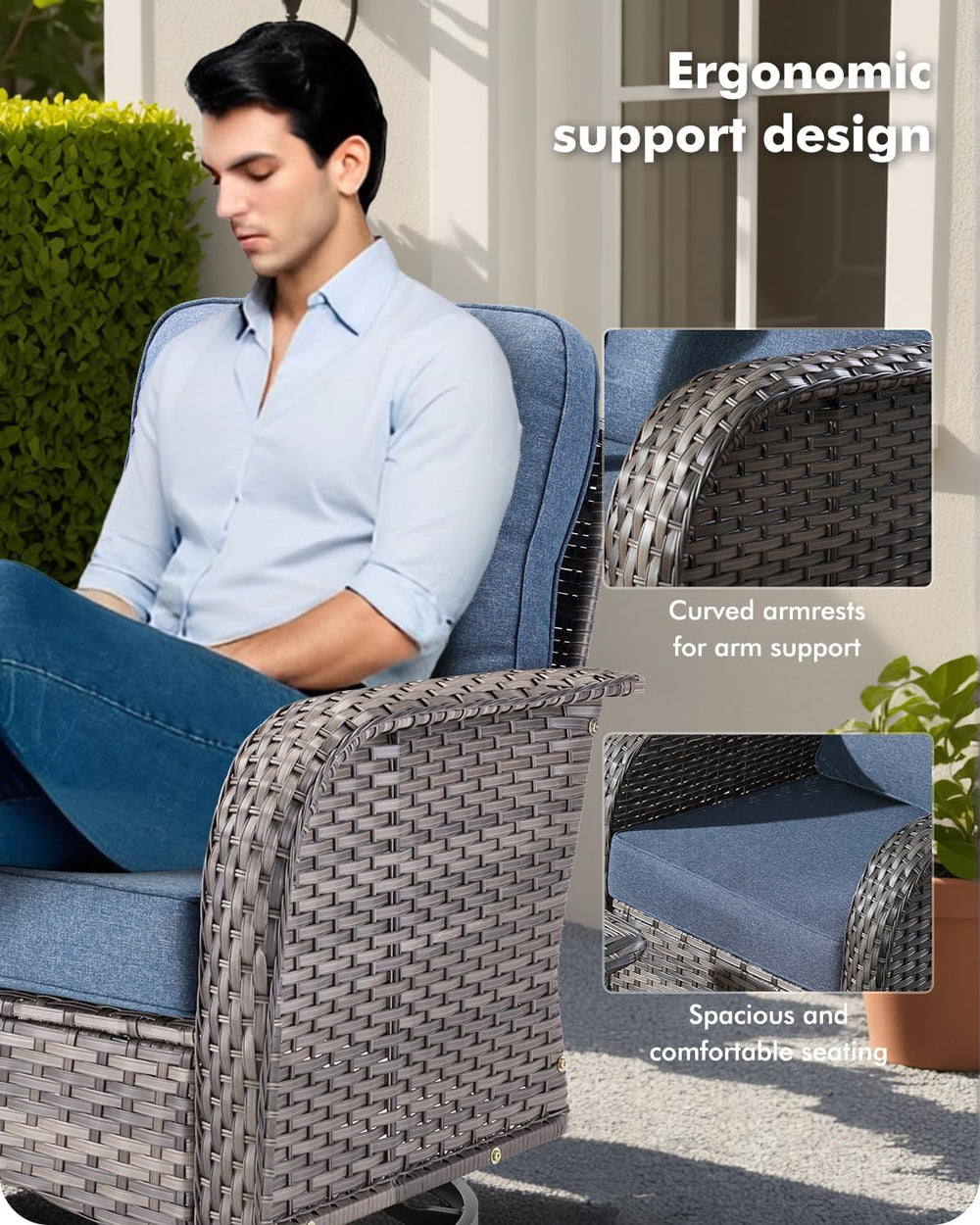 CAODOC 3-Piece Swivel Rocking Rattan Chair Outdoor, Patio Bistro Furniture Co...