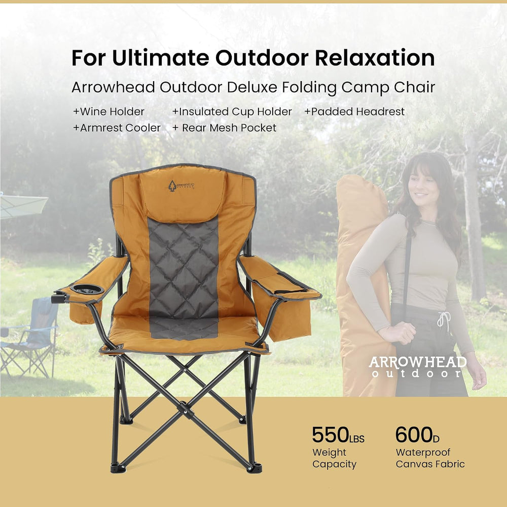 ARROWHEAD OUTDOOR Deluxe Folding Camp Chair – 550lb Capacity Heavy-Duty Quad ...