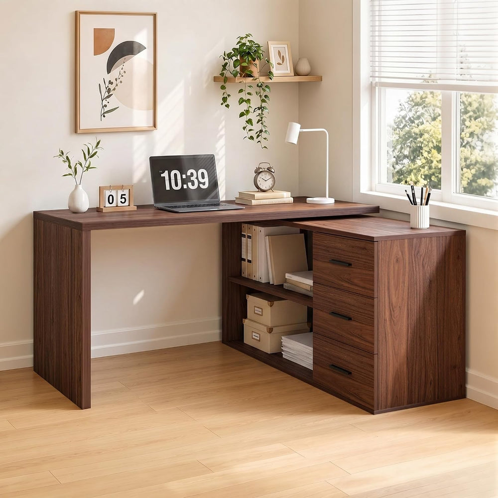HSH Walnut L Shaped Desk Corner Desk with 3 Storage Drawers 55 inch