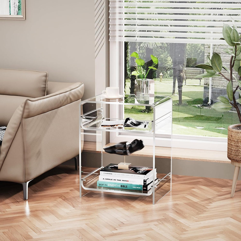 Acrylic End Table Record Player Table with Storage Shelf Clear Side Table Nig...