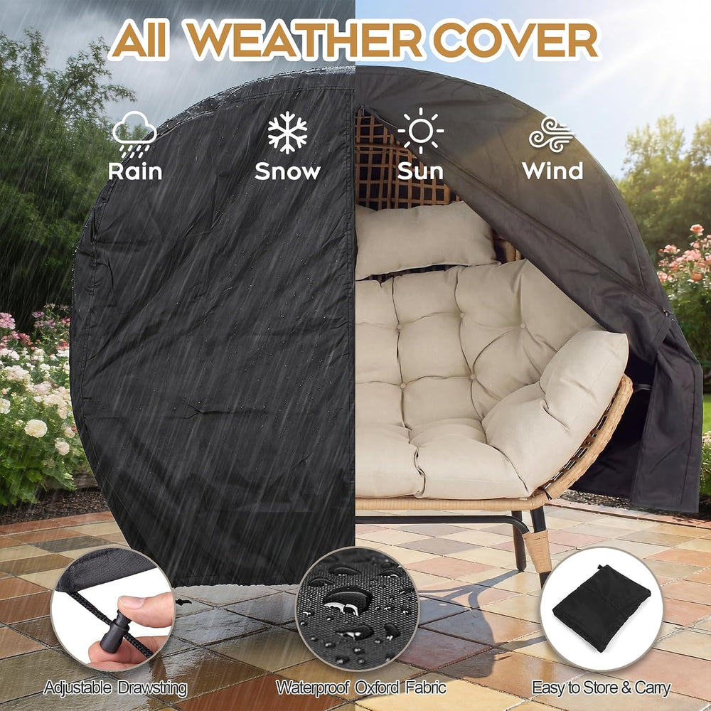 Double Egg Chair Outdoor Indoor 2 Person Wicker Egg Lounge Chair with Foldabl...