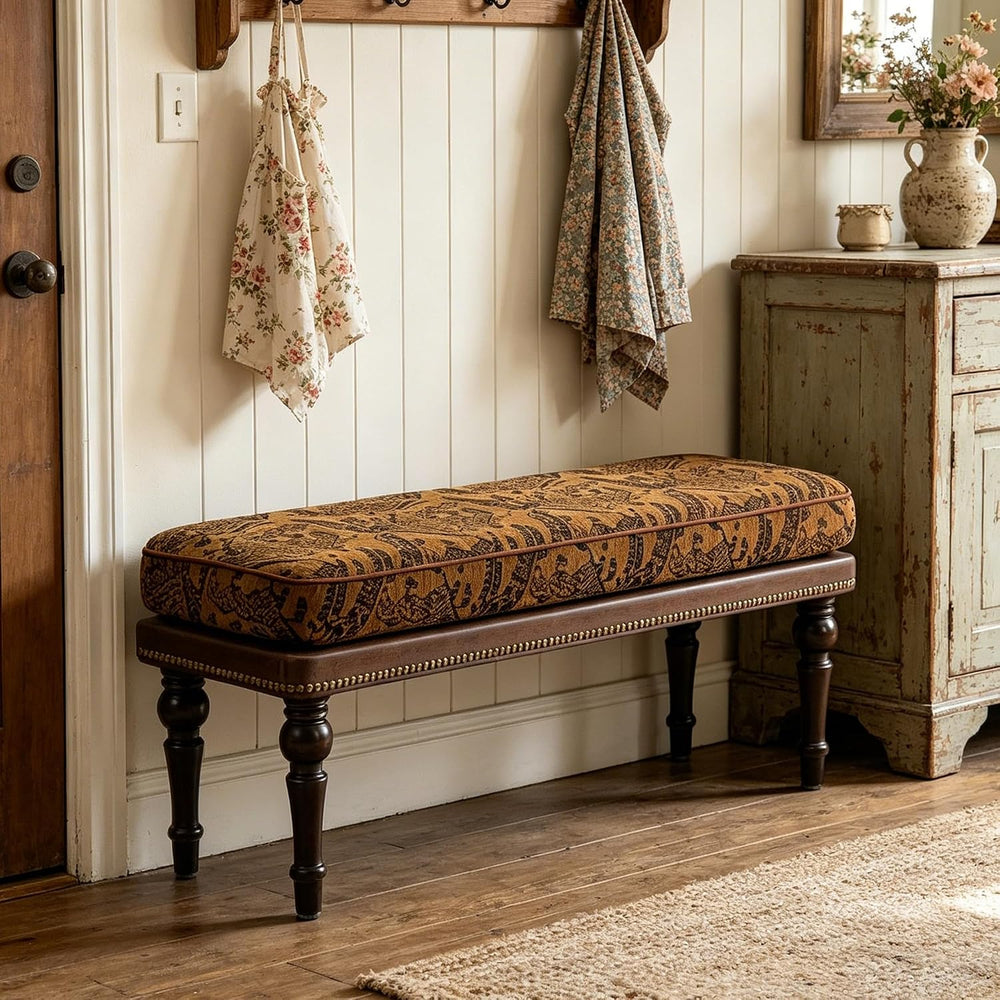 Forteek 47" Vintage Pattern Upholstered End of Bed Bench, Entryway Bench...