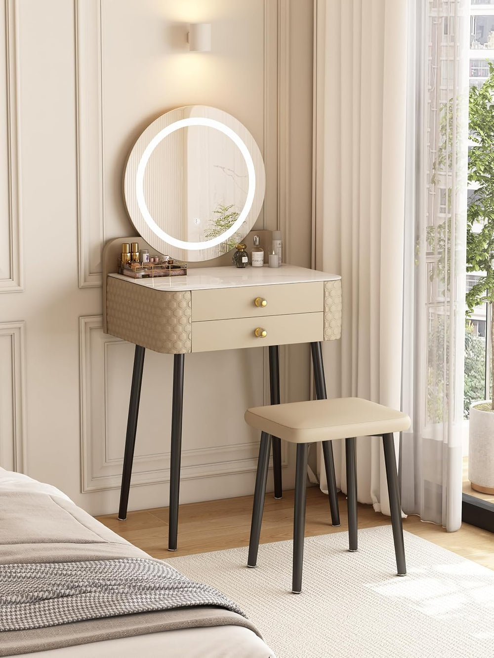 Small Vanity Desk with Mirror and Lights, 2 Drawers.(Beige) | 3 Color Lightin...