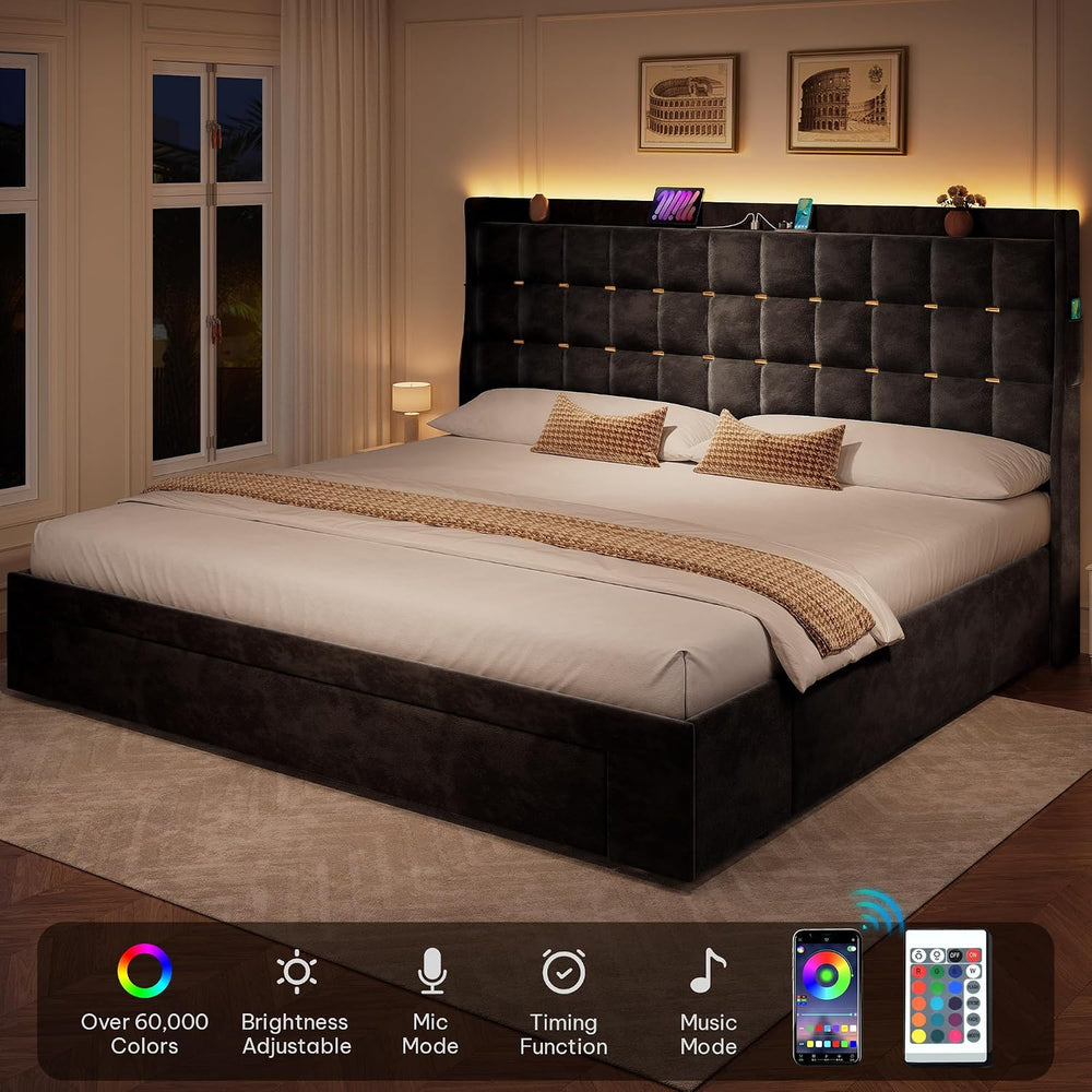 YITAHOME King Size Bed Frame with 3 Storage Drawers and LED Lights, Black