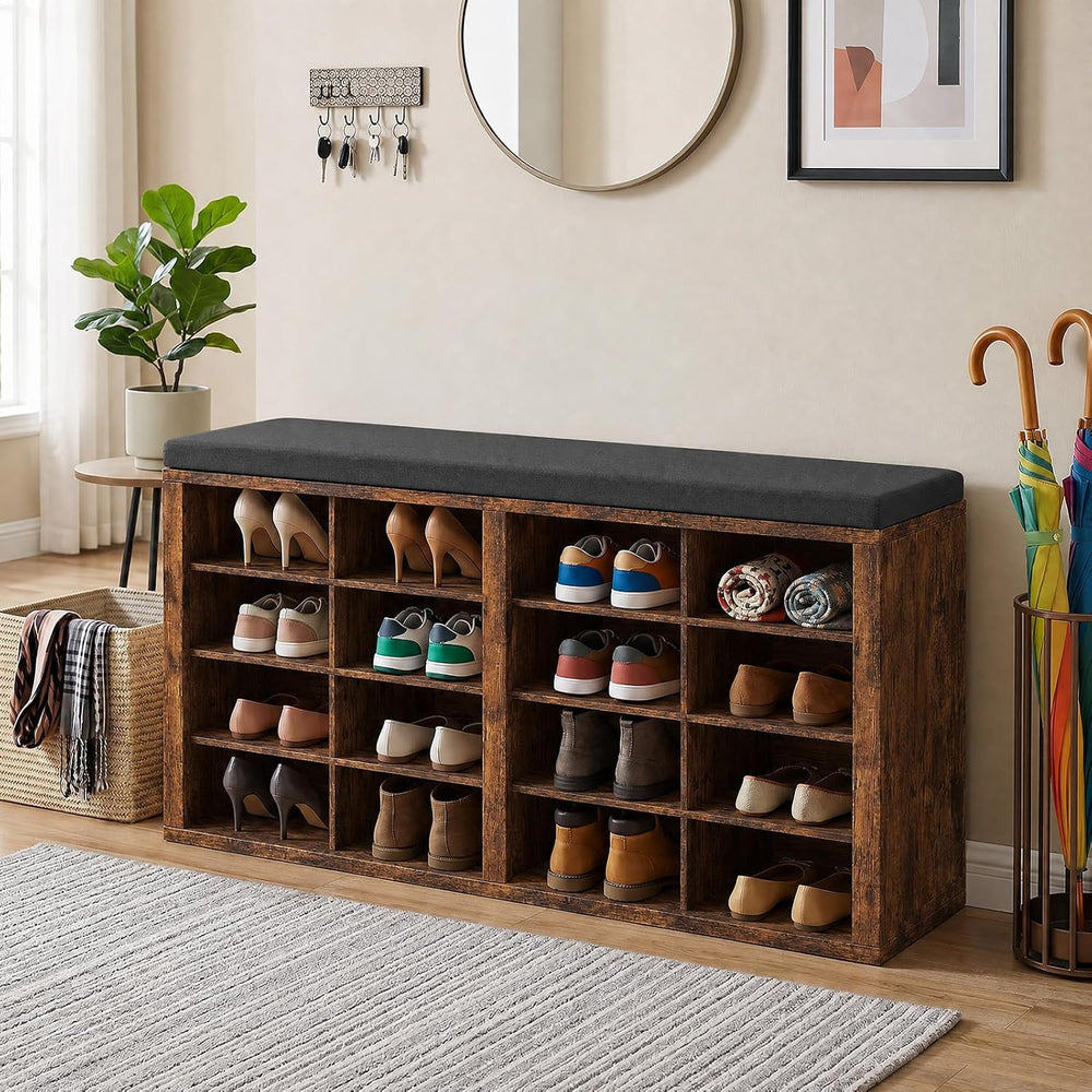 Shoe Rack Bench, Shoe Storage Bench with Cushion, Shoe Organizer 16 Cubbies f...