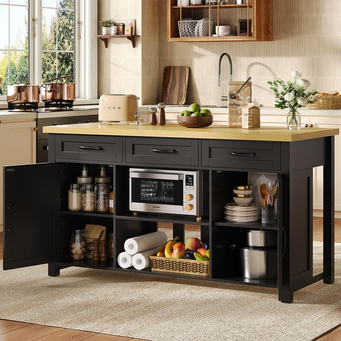 knoworld 60" Kitchen Island with Storage for Kitchen Dining Room, Black