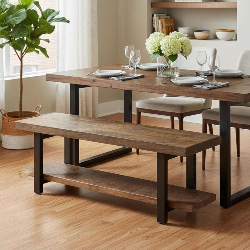 Pomona Solid Wood Entryway Bench with Shoe Rack, Rustic Brown, 48 Inch | Mode...
